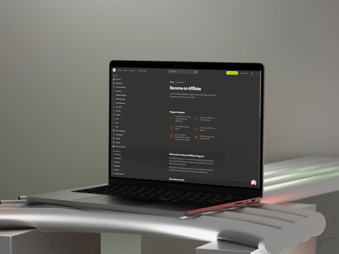 A laptop displaying an Affiliate program dashboard with program features listed, resting on a surface with cylindrical light bars against a gray background.