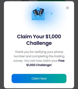 A pop-up dialog titled "Claim Your $1,000 Challenge" featuring card images and a "Claim Now" button, thanking the user for verifying their phone number and offering a free $1,000 challenge after completing a trading survey. The image aligns with the post's pitch of an instant, free $1,000 USDT reward after signup and verification.