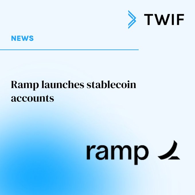 A news graphic from TWIF announces "Ramp launches stablecoin accounts," featuring the Ramp logo against a blue gradient background. The image serves as a visual header for the announcement that Ramp is now offering stablecoin account and payment services for all customers.