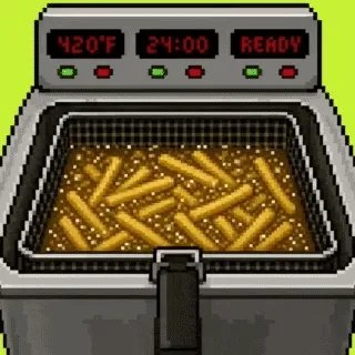 Pixel art illustration of a deep fryer basket filled with french fries, with digital displays reading '420°F', '24:00', and 'READY'.