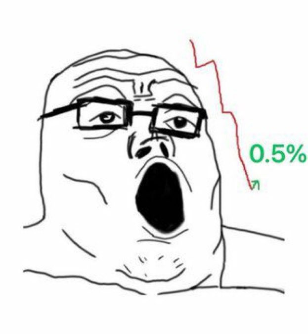 A "soyjaks" Wojak meme with glasses showing a shocked expression with mouth agape, paired with a downward arrow labeled "0.5%" in green. The image illustrates the post's sentiment about someone's bearish tweet coinciding with a tiny 0.5% market dip, suggesting a dramatic overreaction to a minor movement.