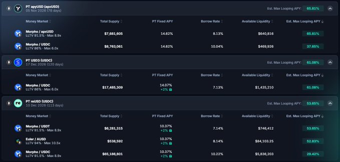 A trading interface displaying PT (Principal Token) looping strategies on Pendle with max APYs of 65.81% for PT apyUSD, 61.08% for PT USD3, and 53.85% for PT sUSDe, all utilizing Morpho money markets with LTVs around 86-91%. The table highlights borrowing rates, total supplies (ranging from ~$6M to $17M), and available liquidity for various USDC and USDT pairs on Euler and Morpho protocols.
