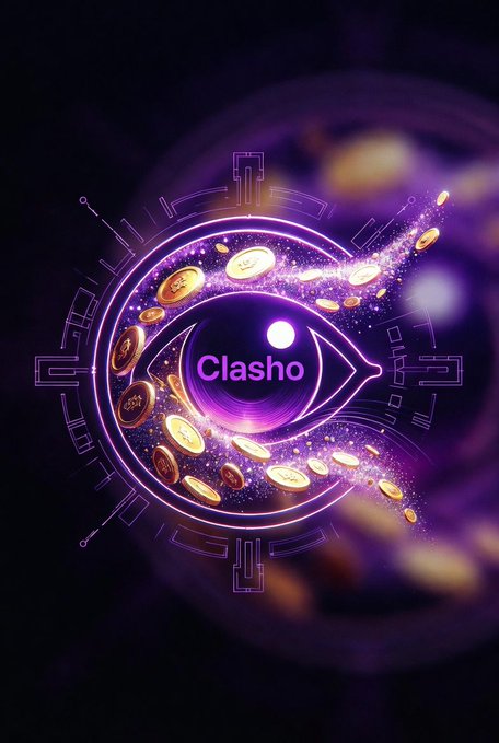 A glowing purple cosmic logo with an eye design encircled by gold coins, with the word 'Clasho' displayed in the center against a starry background.