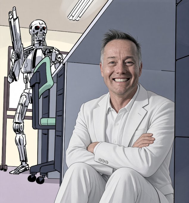 A stylized illustration combining a photograph of a smiling man in a white suit sitting with arms crossed on the right, with a cartoon scene on the left depicting a skeleton in a suit holding a large gun behind a chair with a green tie draped over it.