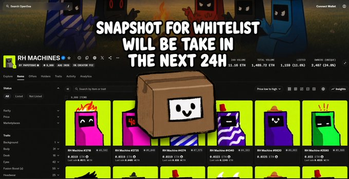 A Robinhood Crypto marketplace page shows a collection of “RH Machine” NFTs priced around $5,800–$6,300, with total volume listed as $1,469,730 ETH and 1,159 listed. The overlaid announcement reads “SNAPSHOT FOR WHITELIST WILL BE TAKE IN THE NEXT 24H,” signaling a 24-hour whitelist snapshot before tomorrow’s free mint for holders.