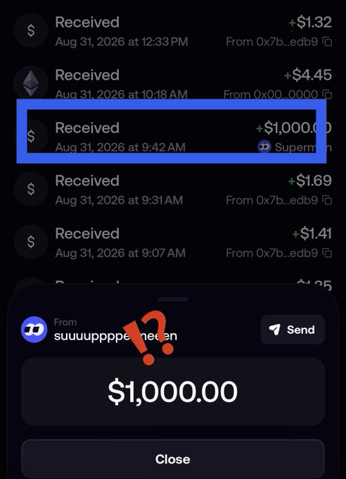 A crypto wallet app screenshot shows a $1,000.00 received transaction on Aug 31, 2026, from a user with a username ending in 'moon', highlighted with a blue box and red question mark.