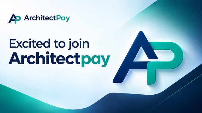 A promotional graphic for 'ArchitectPay' with the text 'Excited to join Architectpay' and a large 3D 'AP' logo in dark blue and teal colors.