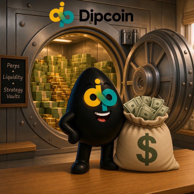 A 3D mascot character shaped like a black egg with the Dipcoin logo standing next to a sack of money in front of an open bank vault filled with cash, with a chalkboard reading 'Perps, Liquidity, Strategy, Vaults'.