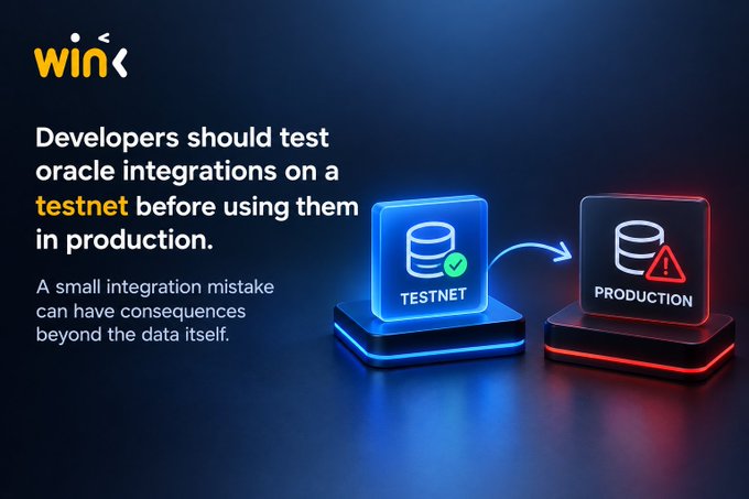 A WINK developer advisory graphic stating 'Developers should test oracle integrations on a testnet before using them in production,' illustrated with glowing blue 'Testnet' (with green check) and red 'Production' (with warning) database icons.