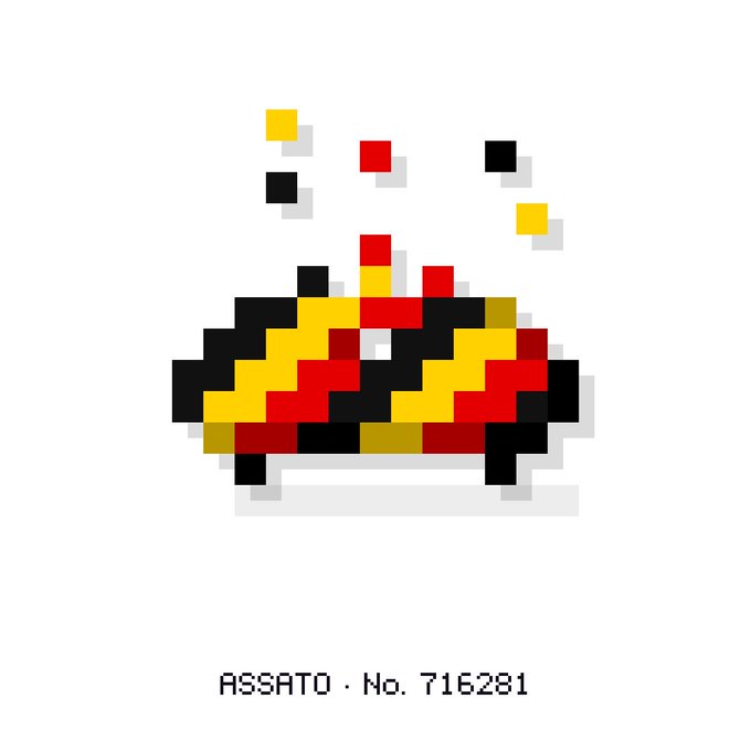 Pixel art of a chef character with a red hat, titled 'ASSATO • No. 716281' below the figure.