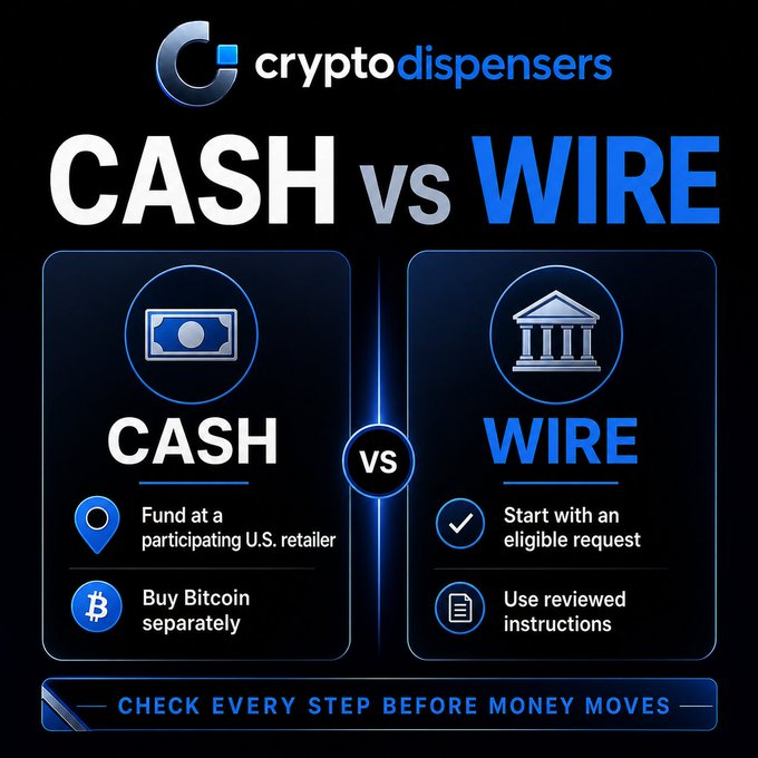 Infographic for 'cryptodispensers' comparing funding a Bitcoin purchase with 'CASH' at a U.S. retailer versus a 'WIRE' transfer, advising to 'CHECK EVERY STEP BEFORE MONEY MOVES'.