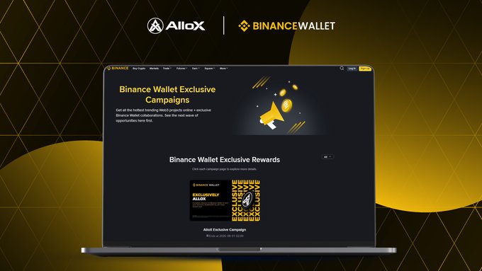 An AlloX and Binance Wallet promotional graphic displaying a laptop showing a 'Binance Wallet Exclusive Campaign' landing page with megaphone imagery.