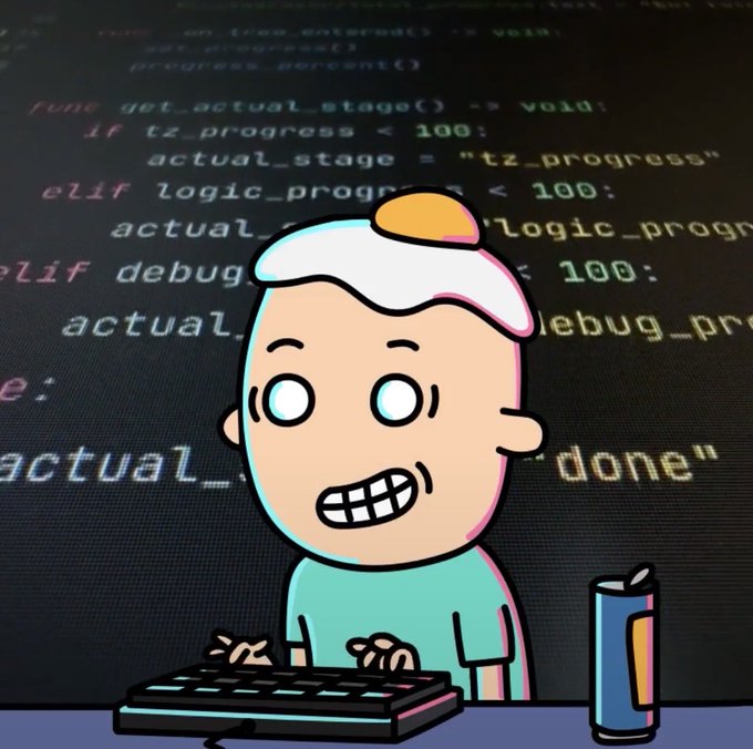 The image features a cartoon character sitting at a computer, typing on a keyboard while wearing a hat that has an egg on top of his head. The background shows a screen filled with code or programming language, which could be related to the cartoon's theme or context. There is also a can of soda next to the character and a cup nearby.