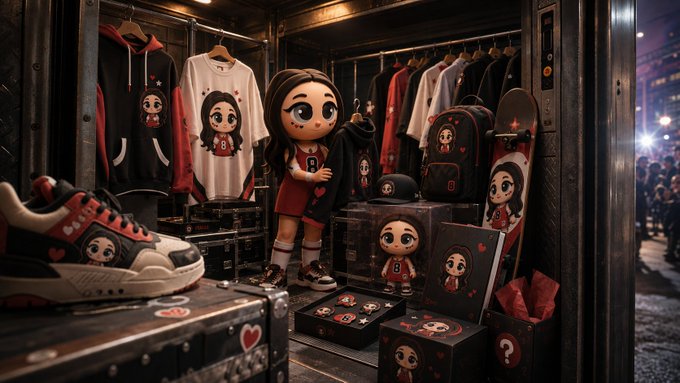 A stylized digital illustration showing a chibi-style character with merchandise like clothing, sneakers, backpacks, and accessories featuring the same character design displayed in a store-like setting.