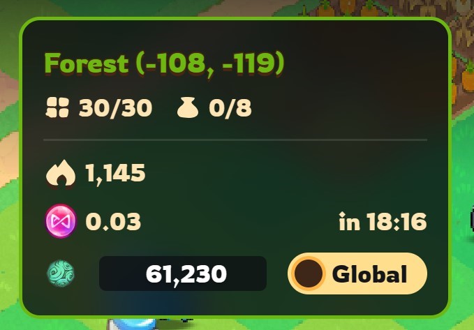 A screenshot shows a Forest at coordinates (-108, -119) with a full 30/30 capacity, 0/8 items placed, 1,145 Atia's Flame, 0.03 MXM token rewards, and 61,230 generation points in 18 minutes and 16 seconds, with a "Global" scope selection. The image directly responds to the prompt by showcasing a player's land setup, equipped accessories, and Atia's Flame growth progress.