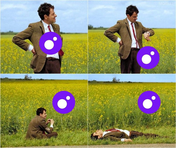 A four-panel composite image shows a man in a brown suit and red tie in a yellow field, transitioning from standing to lying down, with a purple circle-and-dot graphic overlaid on each frame.