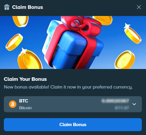 A "Claim Bonus" pop-up window from Stake displays a new bonus available in BTC (Bitcoin), featuring a wrapped gift box surrounded by gold coins. This relates to the post, which mentions the Stake Weekly bonus drop, highlighting the cryptocurrency rewards users can claim.