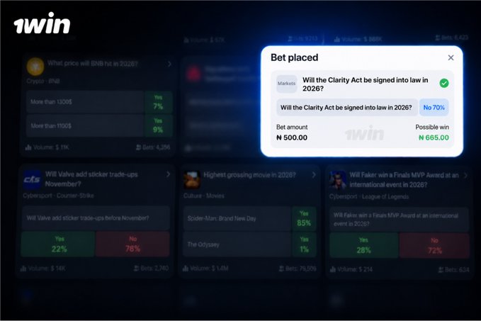Screenshot of a betting platform called "1win" showing a placed bet of ₦500.00 with a possible win of ₦685.00 on the question "Will the Clarity Act be signed into law in 2026?" alongside various prediction markets including crypto, esports, and movies.