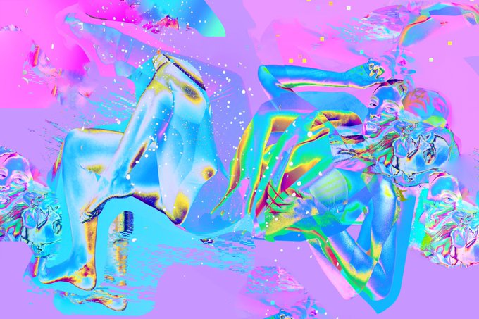 A vibrant, abstract digital artwork featuring distorted, glossy blue and cyan humanoid figures against a bright pink and magenta background, with reflective, iridescent textures.