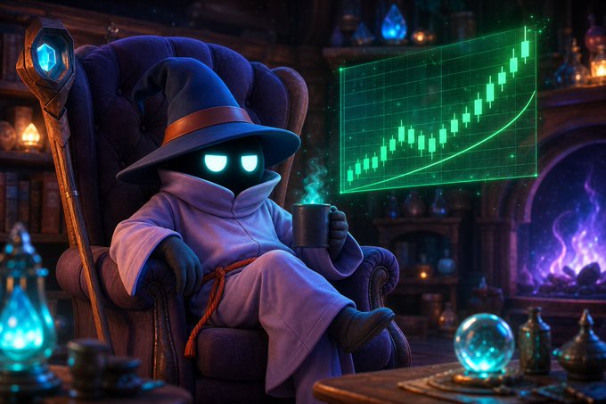 A fantasy-style digital illustration shows a hooded figure with glowing blue eyes sitting in a leather armchair holding a mug, while a green stock chart with a rising trend line projects from a floating screen beside them in a magical, candle-lit room.
