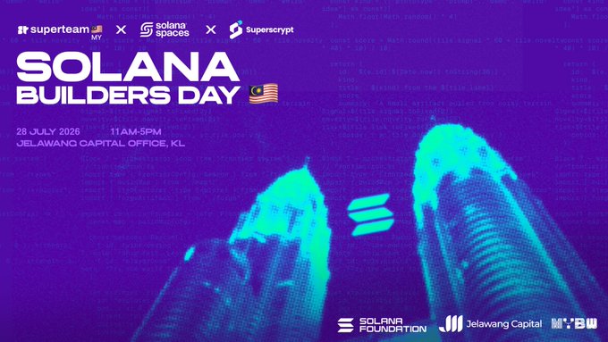 A purple promotional poster for 'Solana Builders Day' on 26 July 2026 (11am–5pm) at Jelawang Capital Office, KL, co-hosted by Superteam MY, Solana Spaces, Superscrypt, Solana Foundation, Jelawang Capital, and BW.