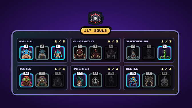 A pixel-art graveyard collection screen displays "117 SOULS" across six enemy categories: "Growlil" (2/3), "Pterodactyl" (0/3), "Scorpion" (1/3), "Turtle" (1/3), "Anemone" (1/3), and "Beetle" (1/3), with numbered slots 1-18 highlighting defeated bosses in cyan against dark silhouettes of uncollected ones. The counter and category totals visually reinforce the post's theme that 117 unique challengers await defeat in the arena, with the player's current progress shown through the illuminated pixel sprites.
