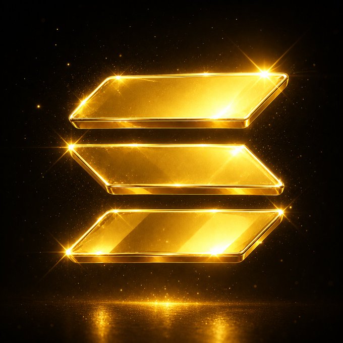 Three glowing golden horizontal bars stacked vertically against a dark, starry background create a radiant visual metaphor for opportunity, aligning perfectly with the post's claim that "Now is the golden time to buy $SOL." The bars' slant suggests upward momentum, while their luminous gold finish and reflective surface evoke wealth, value, and a bullish signal—mirroring the premium, high-potential nature of the Solana ($SOL) cryptocurrency being promoted.