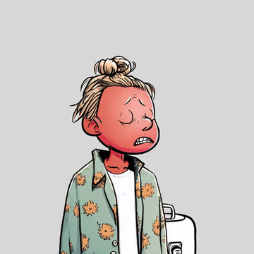 A digital illustration of a character with blonde hair in a bun and a red face, looking distressed while wearing a green floral patterned shirt.