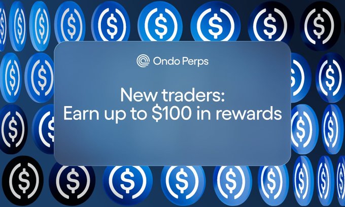 A promotional banner for Ondo Perps featuring a repeating pattern of USDC coin logos in the background, with a central card displaying the text 'New traders: Earn up to $100 in rewards.'