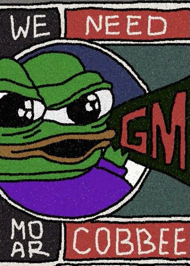 A hand-drawn or chalk-style meme featuring a Pepe-style green frog character holding a flag with 'WE NEED GM' and 'MO AR COBBEE' text on a brick wall background.