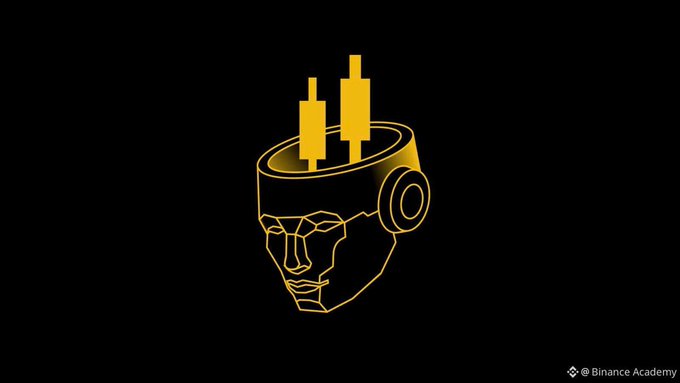 A stylized golden illustration of a face with headset resembling a diving helmet topped with candlestick chart bars, displayed alongside the Binance Academy logo, visually representing Binance's AI-driven trading system, Agent OS.