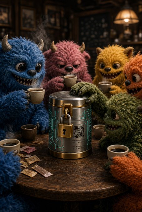 A group of colorful, fuzzy monster characters sit around a wooden table holding coffee cups, with a locked metallic canister featuring a QR code in the center.