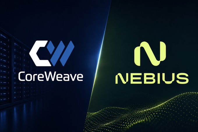 The image features two logos, one for CoreWeave and another for nebius. The CoreWeave logo is blue and white, while the nebius logo is green and yellow. Both logos are displayed against a dark background with a wave-like pattern in the center. The text on the image reads "CoreWeave nebius" and "Both have deep partnerships with NVDA".