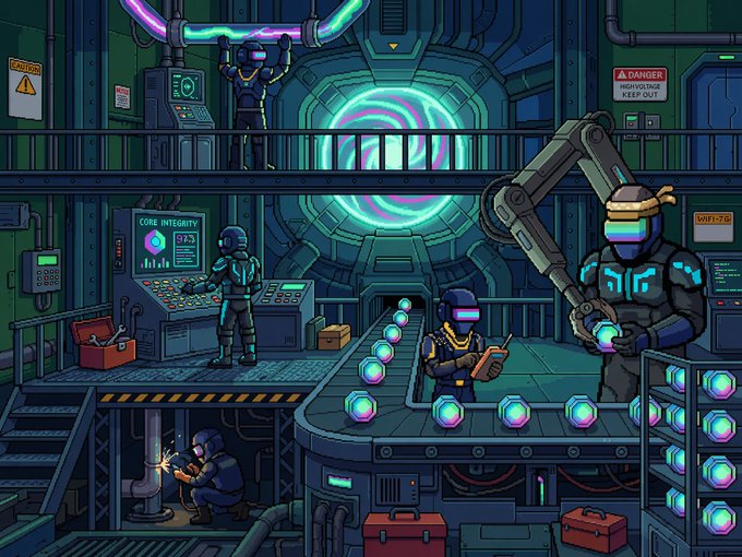 A pixel art scene depicts workers in a futuristic facility monitoring a glowing energy core, with a screen reading "CORE INTEGRITY 97%" and signs warning "CAUTION" and "DANGER HIGH VOLTAGE KEEP OUT." The image visually represents the staking and Core points accumulation process mentioned in the post, symbolizing the energy and activity of the Elevens NFT and $LVNS ecosystem.