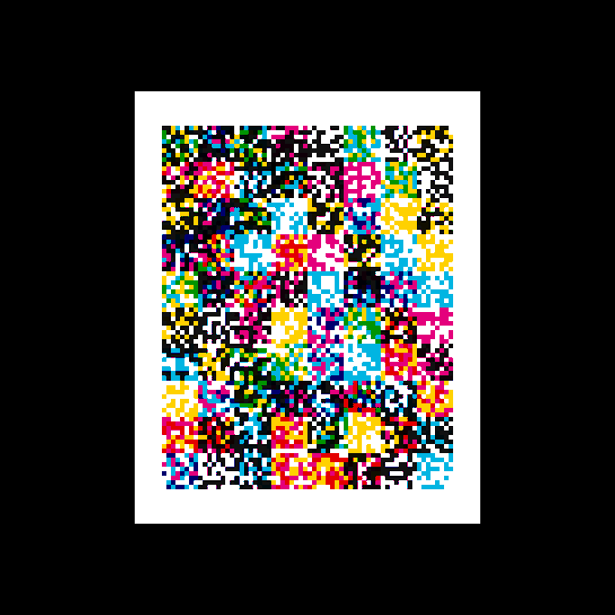A colorful abstract pixel art print with a white border on a black background, featuring a chaotic mosaic of cyan, magenta, yellow, green, and white squares.