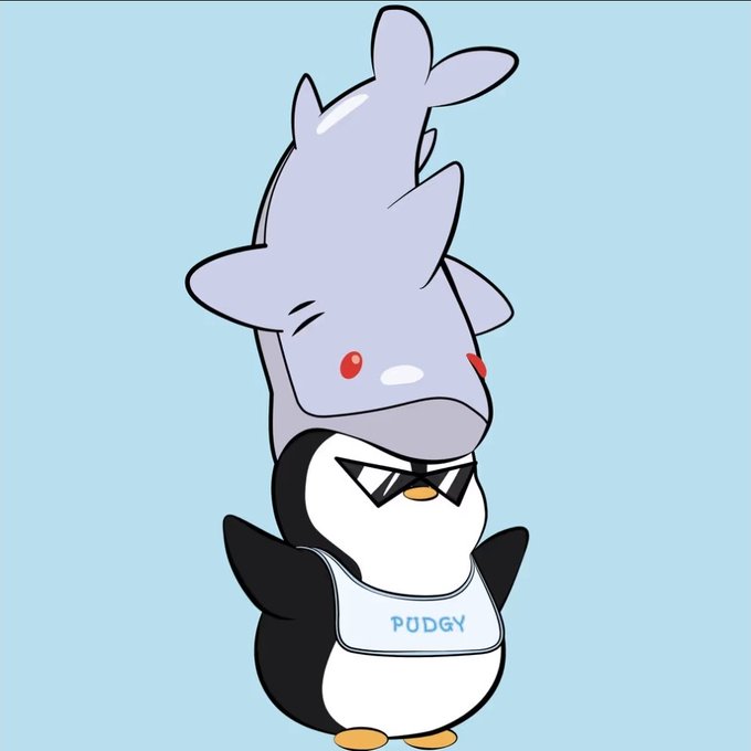 A cartoon illustration of a small black and white penguin wearing sunglasses and a bib that says 'PUDGY', with a larger purple ghostly figure floating above it.