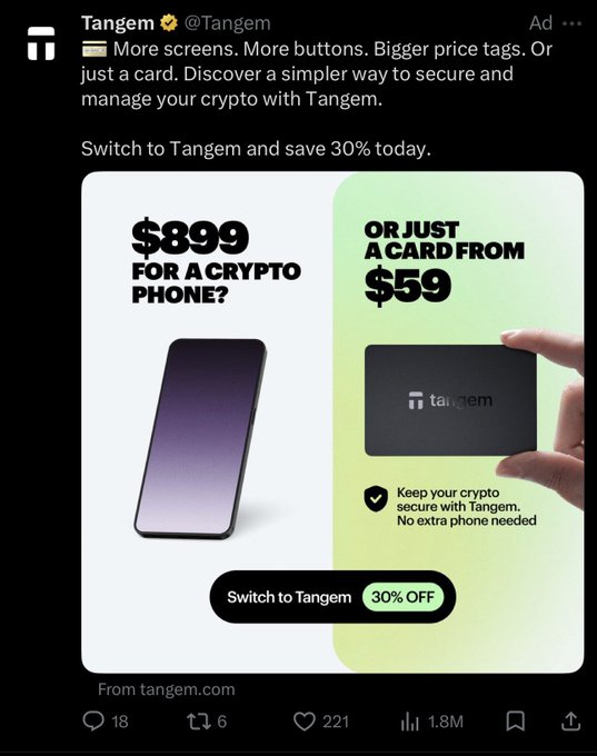 A Tangem sponsored social media ad promoting a crypto card for $59 or a crypto phone for $899, with the message “Switch to Tangem and save 30% today.”