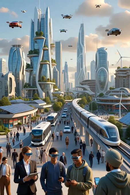 A futuristic cityscape illustration showing sleek skyscrapers, flying vehicles, an elevated monorail, buses, and people wearing AR glasses walking through the urban environment.
