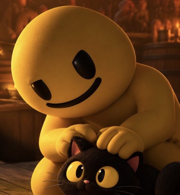 A large yellow smiley face character gently holds a small black cat with big eyes, creating a cute and playful pairing. The whimsical image visually matches the post's mention of a "Meme/Meme pairing," suggesting the duo represents the fun custom combinations the author is preparing to launch.
