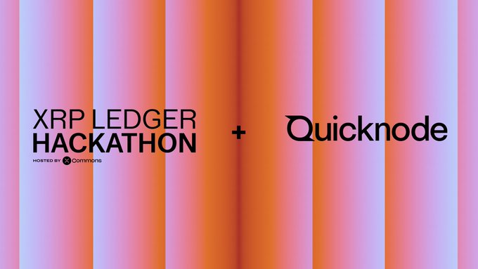 The image displays a promotional graphic featuring the "XRP Ledger Hackathon" logo on the left and the "Quicknode" logo on the right, separated by a plus sign against a vibrant gradient background of pink, orange, and purple vertical stripes. The graphic visually announces Quicknode's partnership with the hackathon, aligning with the post's welcome message about Quicknode providing infrastructure support for builders.