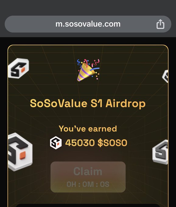 A mobile browser screenshot from m.sosovalue.com shows a "SoSoValue S1 Airdrop" reward notification stating the user has earned "45030 $SOSO" tokens, with a disabled "Claim" button and timer placeholder. The image supports the post's excitement about airdrop opportunities in the crypto/Web3 space, visually showcasing the substantial 45,030 $SOSO token reward as an example of the kind of wins referenced.