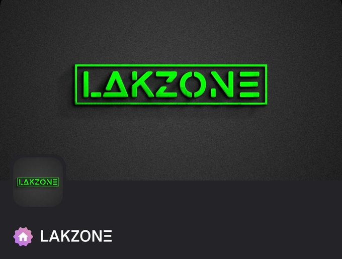 A neon green "LAKZONE" logo is displayed in a rectangular frame against a dark textured background, with smaller versions shown as a thumbnail and app icon below. The image appears to be a stylized invite graphic promoting LAKZONE, fitting the post's theme of a new monthly invite.