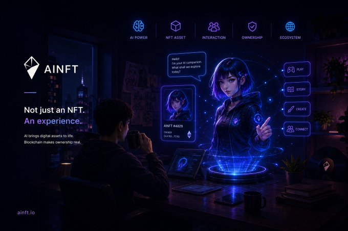 The image is a promotional graphic for AINFT (ainft.io) featuring a person seated at a desk interacting with a glowing holographic AI character, surrounded by icons labeled "AI POWER," "NFT ASSET," "INTERACTION," "OWNERSHIP," and "ECOSYSTEM," along with action buttons for "PLAY," "STORY," "CREATE," and "CONNECT." Tagline reads "Not just an NFT. An experience."

The visual reinforces the post's message by illustrating how AI-powered NFTs evolve beyond static digital collectibles into interactive, experience-driven assets with utility, creativity, and community engagement.