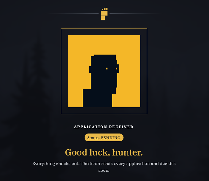 The image displays an application confirmation screen with a pixelated silhouette avatar on a yellow background, showing the text "APPLICATION RECEIVED," a "Status: PENDING" badge, and the message "Good luck, hunter," which corresponds to the user's tweet about applying to join the BITFOOTS project.