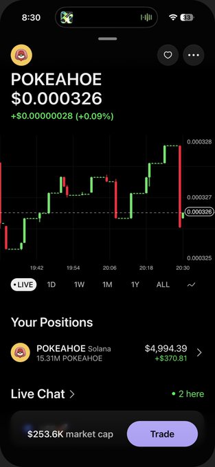 A Robinhood screenshot shows a price chart for the meme coin POKEAHOE at $0.000326 (+0.09%), with the user holding 15.31M tokens worth $4,994.39 (up $370.81), reinforcing the "bag update" nature of the post.