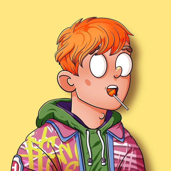 A cartoon-style illustration of a young man with orange hair and a lollipop, wearing a colorful patterned jacket.