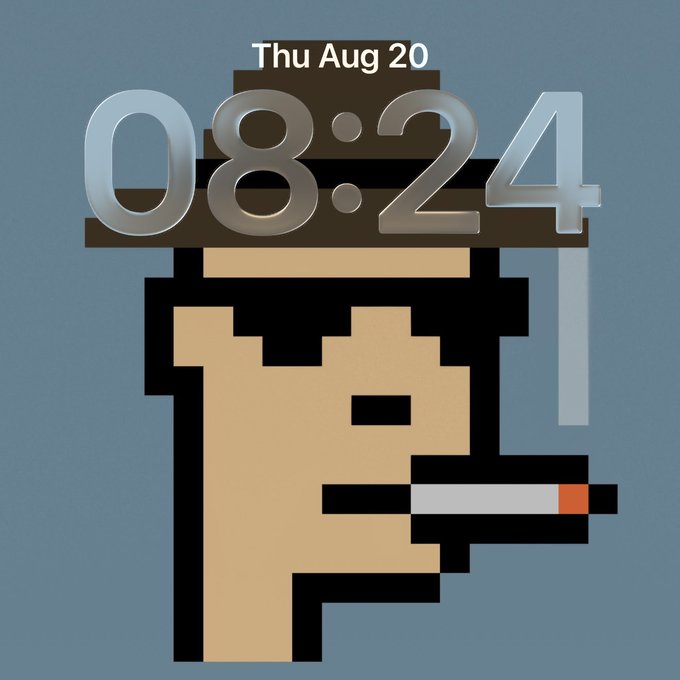 A digital clock widget displaying 'Thu Aug 20' and '08:24', featuring a pixel art character smoking a cigarette as part of the design.