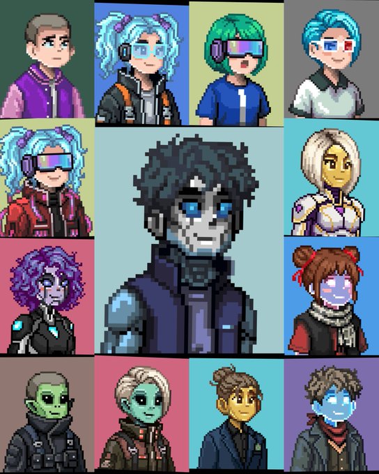 The image is a pixel art collage featuring 12 character portraits with cyberpunk and sci-fi styling, including humans, cyborgs, and a robot. The central larger figure is a blue-haired android character, suggesting this is artwork related to a NFT collection, with the post celebrating the mint of a project called Pixona.