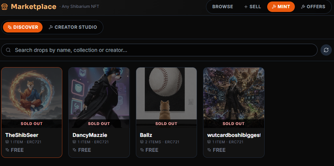 A screenshot of a 'Marketplace' NFT platform page displaying four sold-out collections including 'TheShibSeer', 'DancyMazzie', 'Balz', and 'wutcardboshilgigses', all priced as FREE on the ERC-721 network.