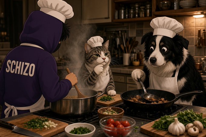 An AI-generated image of an anime-style 'SCHIZO' cook in a purple hoodie working alongside a skeptical cat and a wide-eyed border collie dog, all wearing chef hats in a kitchen.